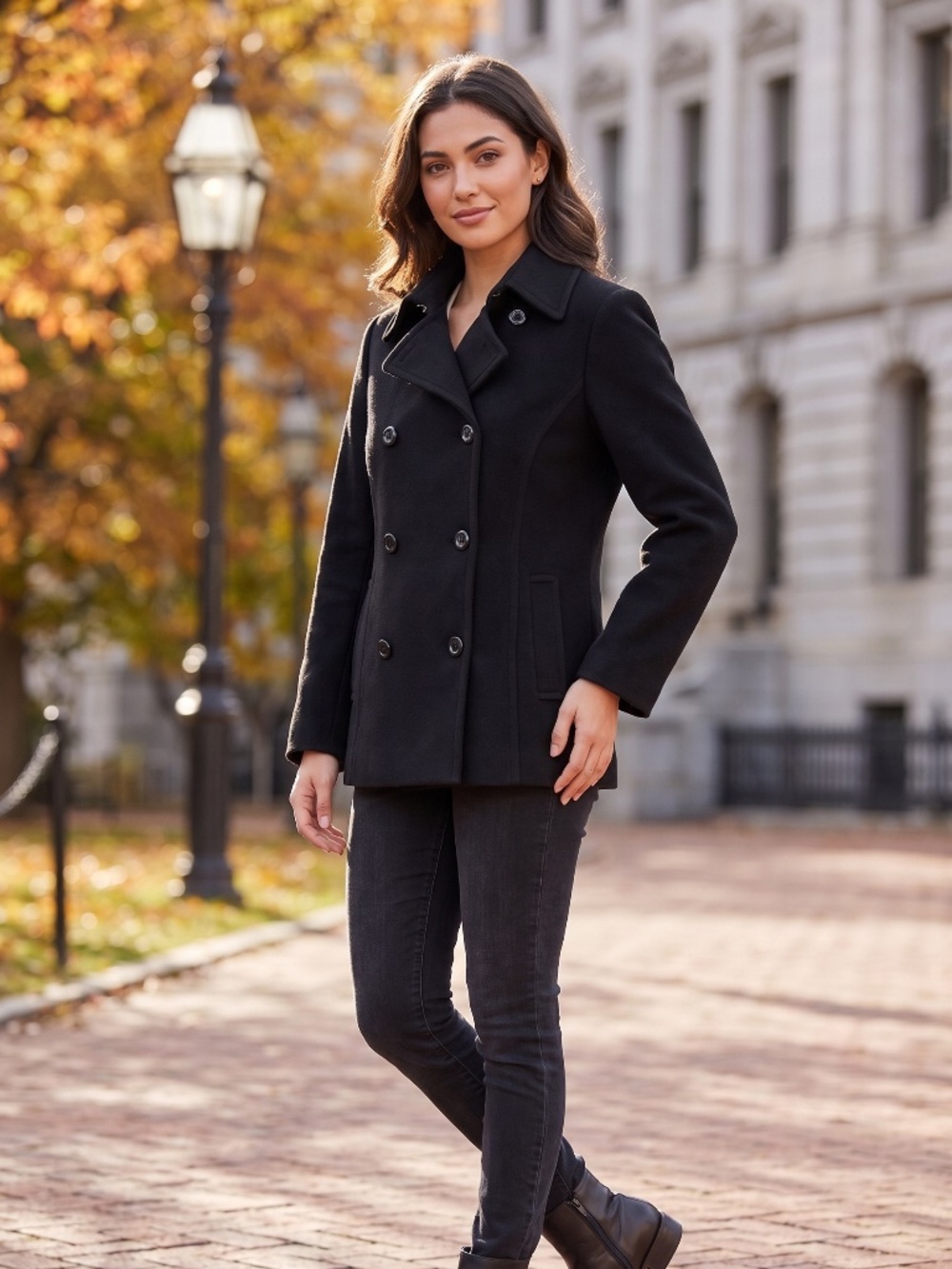 Uniqlo Black Wool Blend Double Breasted Pea Coat Jacket Size L (US M/L)